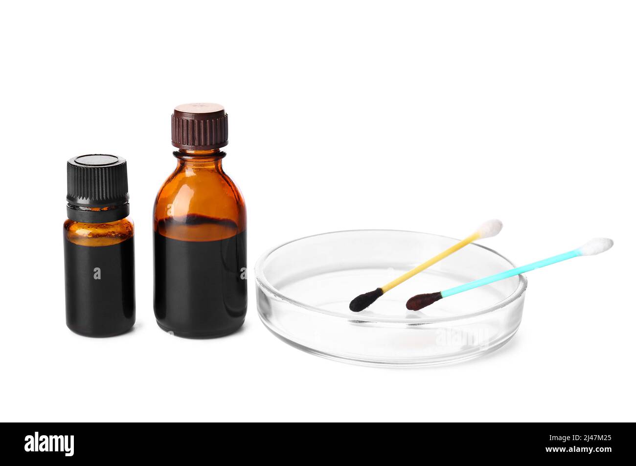 Bottles and cotton swabs with iodine on white background Stock Photo
