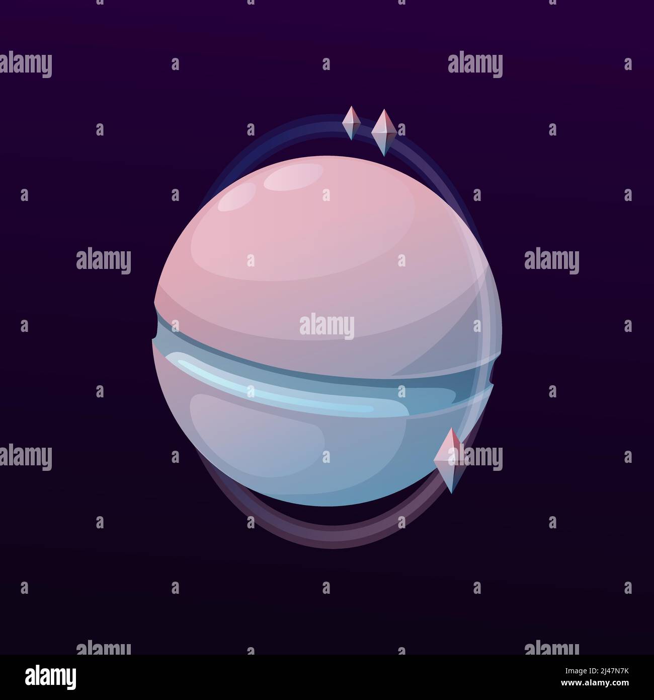 Cartoon cyber planet with spheres, fantasy space world game vector icon. Fantastic galaxy earth or alien futuristic planet with Saturn circles and geometric cyber satellites in galactic universe Stock Vector