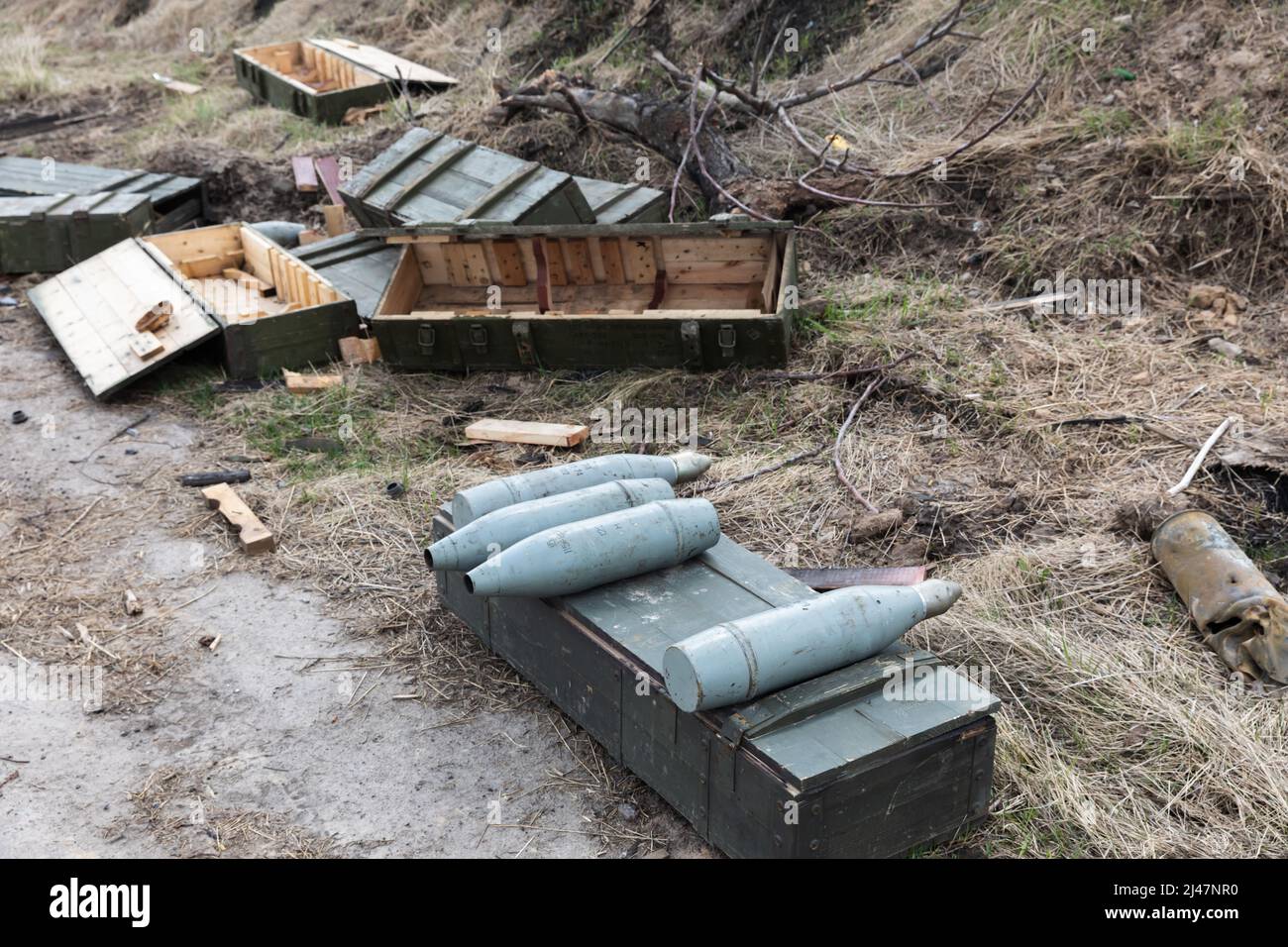 Andriivka, Ukraine. 12th Apr, 2022. Abandoned military equipment, shells and empty boxes of weapons are seen lying in the middle of the field along the road near Andriivka after the retreat of Russian troops. (Photo by Mykhaylo Palinchak/SOPA Images/Sipa USA) Credit: Sipa USA/Alamy Live News Stock Photo