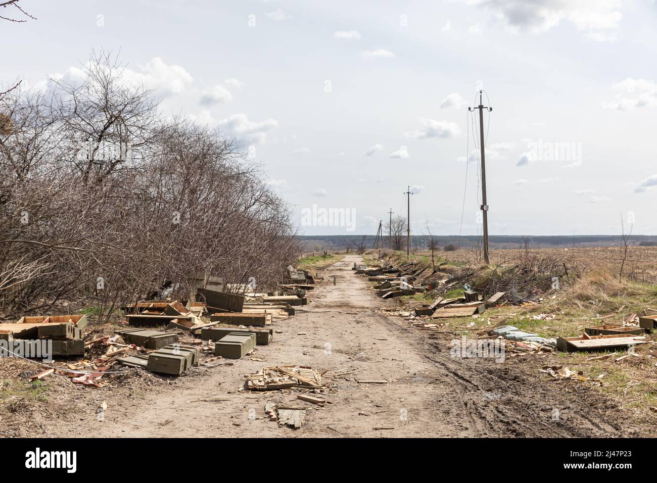 Andriivka, Ukraine. 12th Apr, 2022. Abandoned military equipment, shells and empty boxes of weapons are seen lying in the middle of the field along the road near Andriivka after the retreat of Russian troops. (Photo by Mykhaylo Palinchak/SOPA Images/Sipa USA) Credit: Sipa USA/Alamy Live News Stock Photo