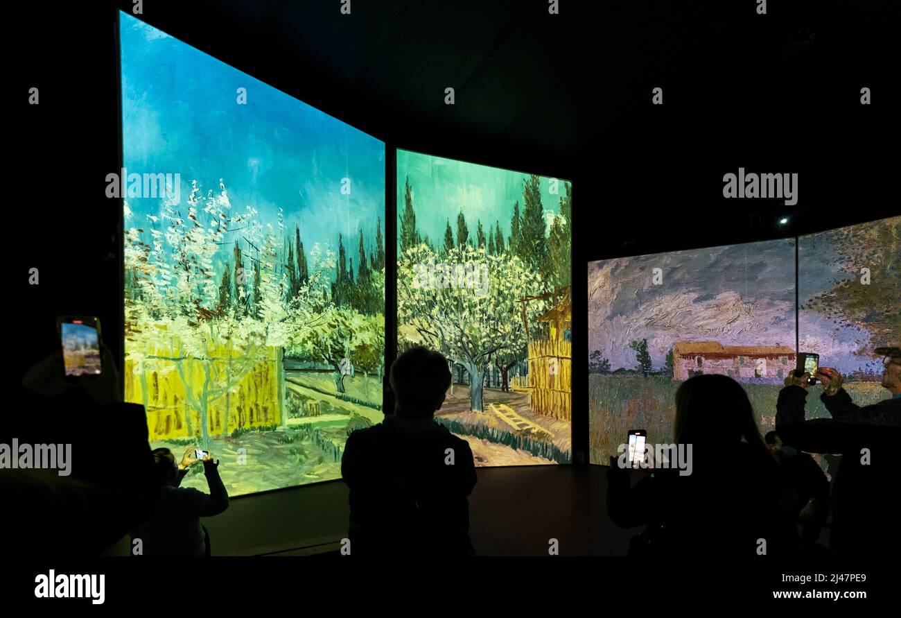 People viewing Van Gogh Alive art exhibition, Edinburgh, Scotland, UK