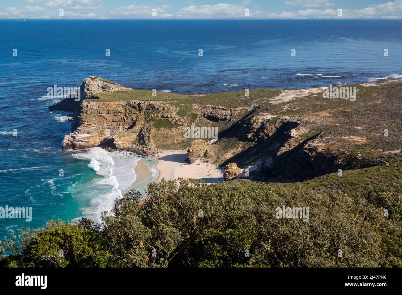 South Africa.  Cape of Good Hope, Atlantic Ocean, seen from Cape Point.  Note hiking trail leading to Cape of Good Hope. Stock Photo