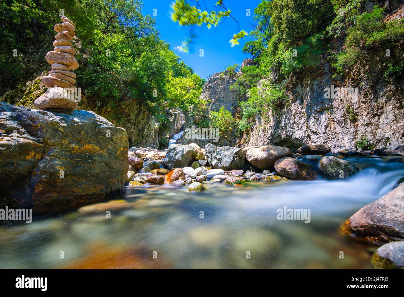 Vathres are small water natural pools with waterfalls along the mountain of Saos on Samothraki island, Greece. Stock Photo