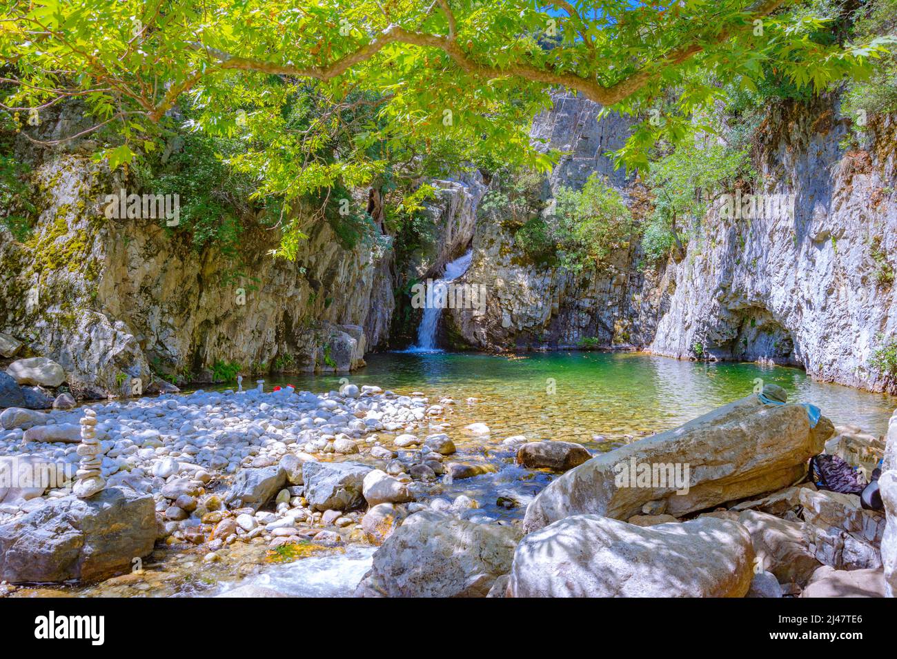 Vathres are small water natural pools with waterfalls along the mountain of Saos on Samothraki island, Greece. Stock Photo