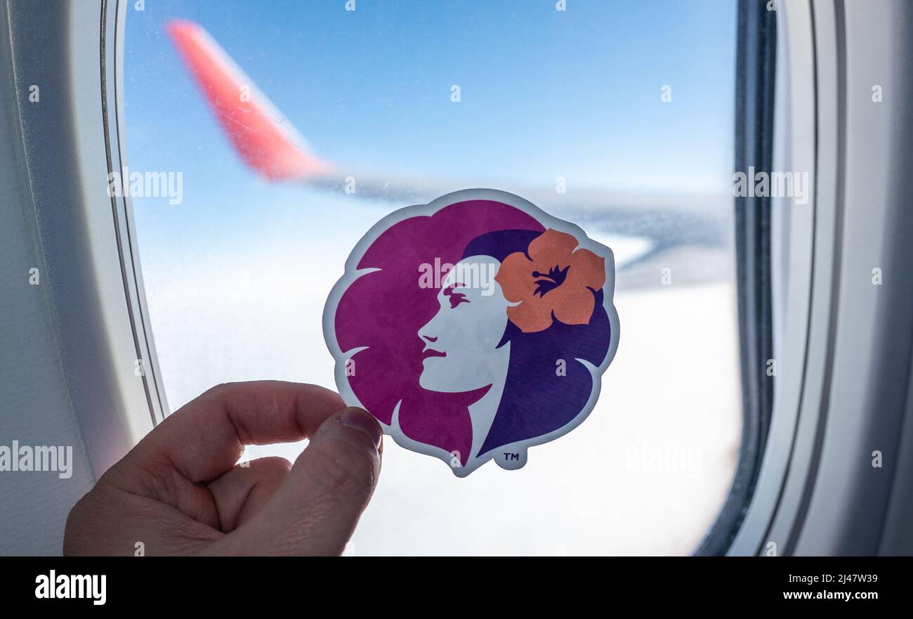 December 6, 2021, Honolulu, USA. The emblem of the airline Hawaiian