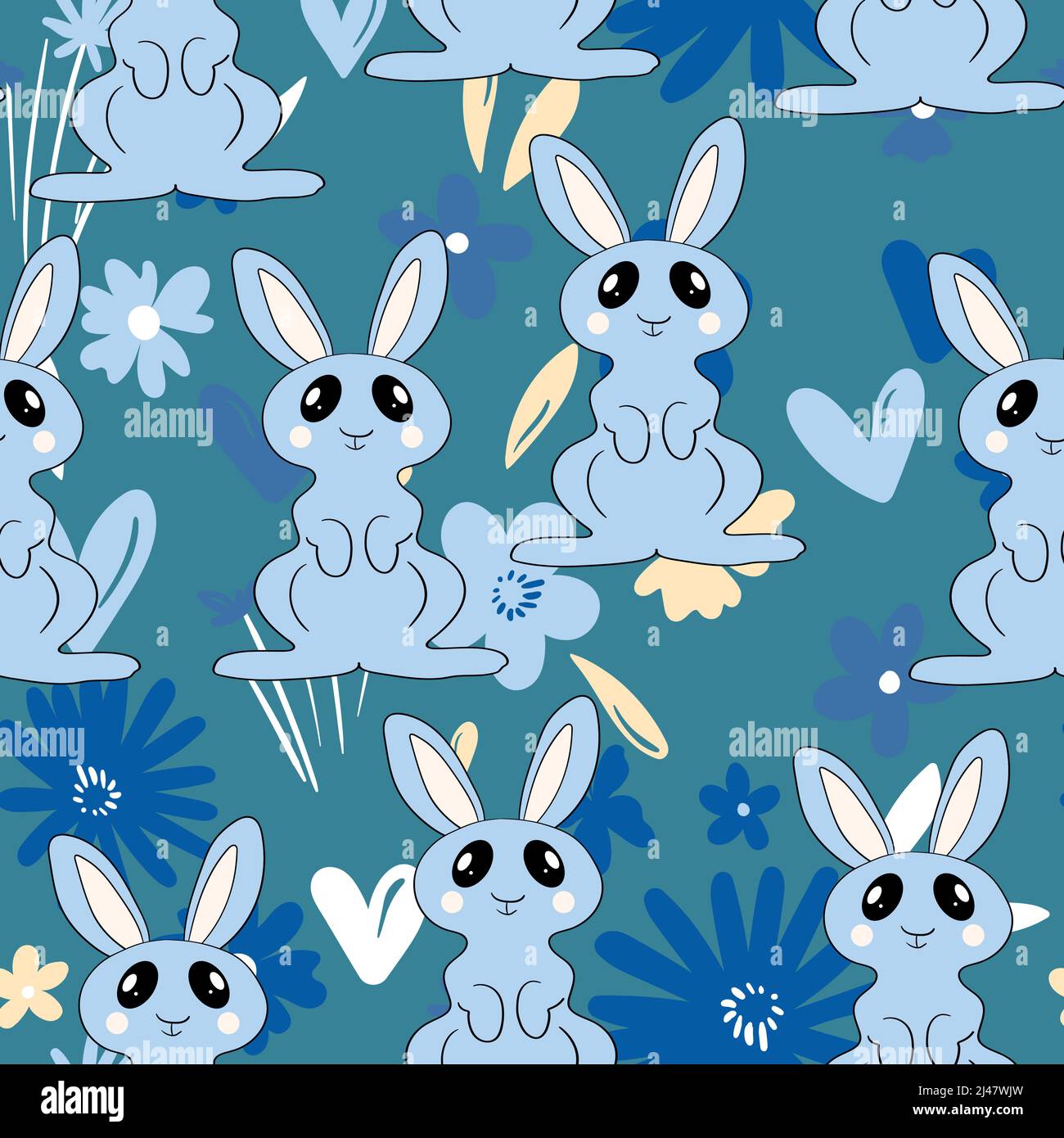 Seamless pattern with silhouette Easter rabbits on color floral ...