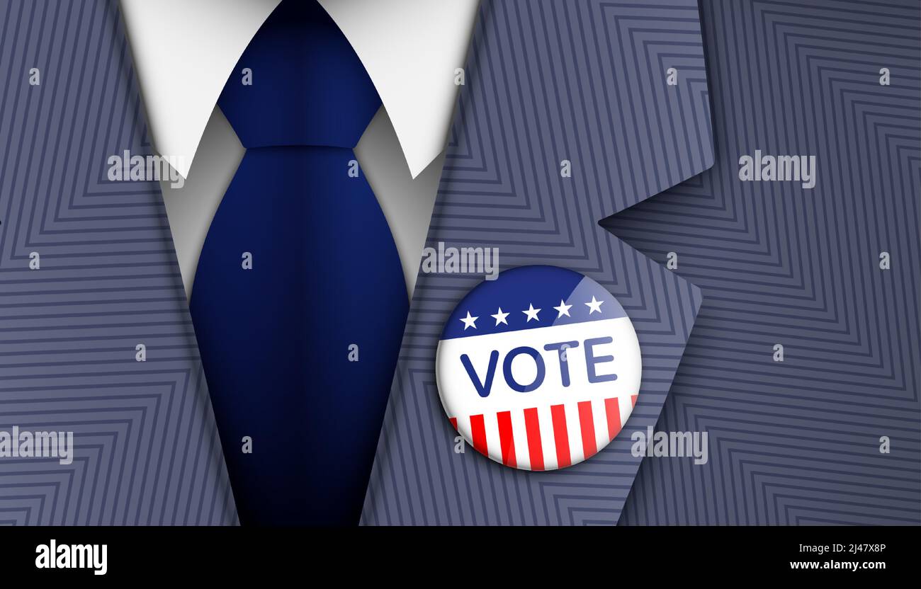 American politician wearing VOTE pin on a blue color official suit. USA elections voting vector background. Stock Vector