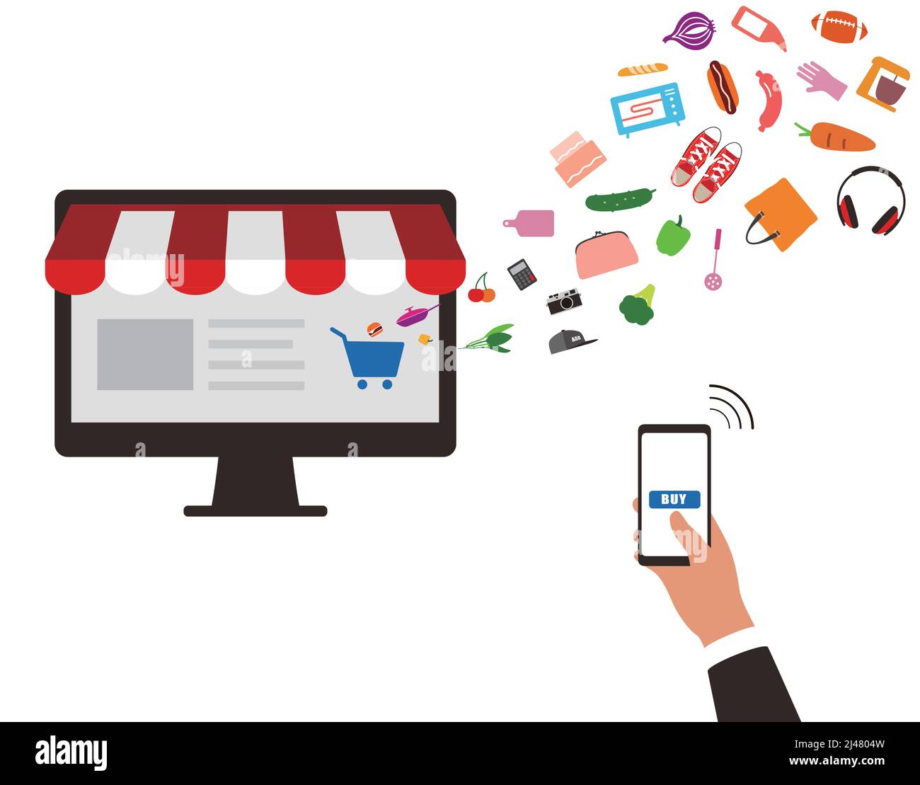 Concept of purchasing product at mobile shopping. Buy Online, vector illustration