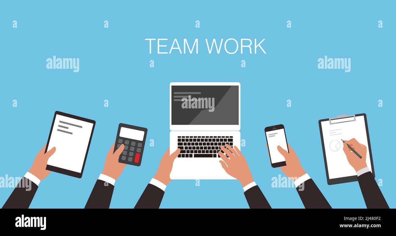 Business teamwork concept, hands holding computer, calculator, smartphone, pad Stock Vector