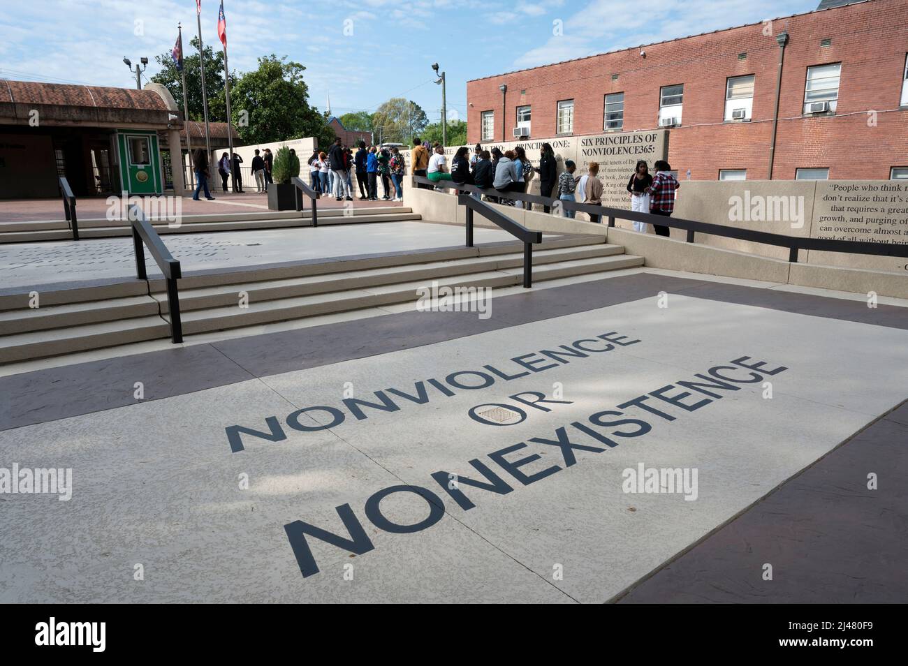 Atlanta, Georgia, USA. 12th Apr, 2022. Students gather for their tour at the King Center, pausing at Martin Luther King Jr. Principles of Nonviolence Wall near Dr. And Mrs. King's crypt and memorial pool. (Credit Image: © Robin Rayne/ZUMA Press Wire) Stock Photo