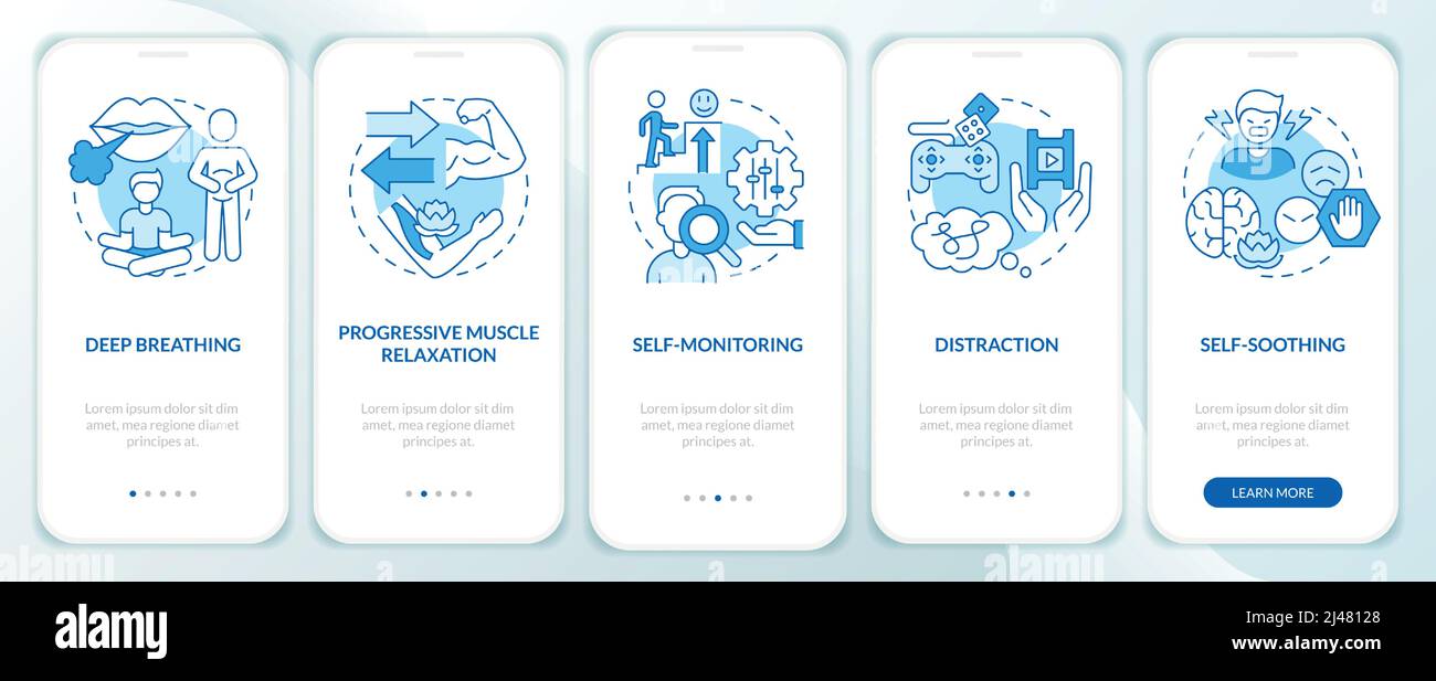 PTSD coping strategies blue onboarding mobile app screen Stock Vector
