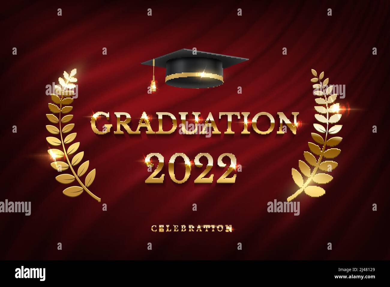 2022 graduation ceremony banner. Award concept with academic hat, golden  ribbon and text on dark red curtain background Stock Vector Image & Art -  Alamy