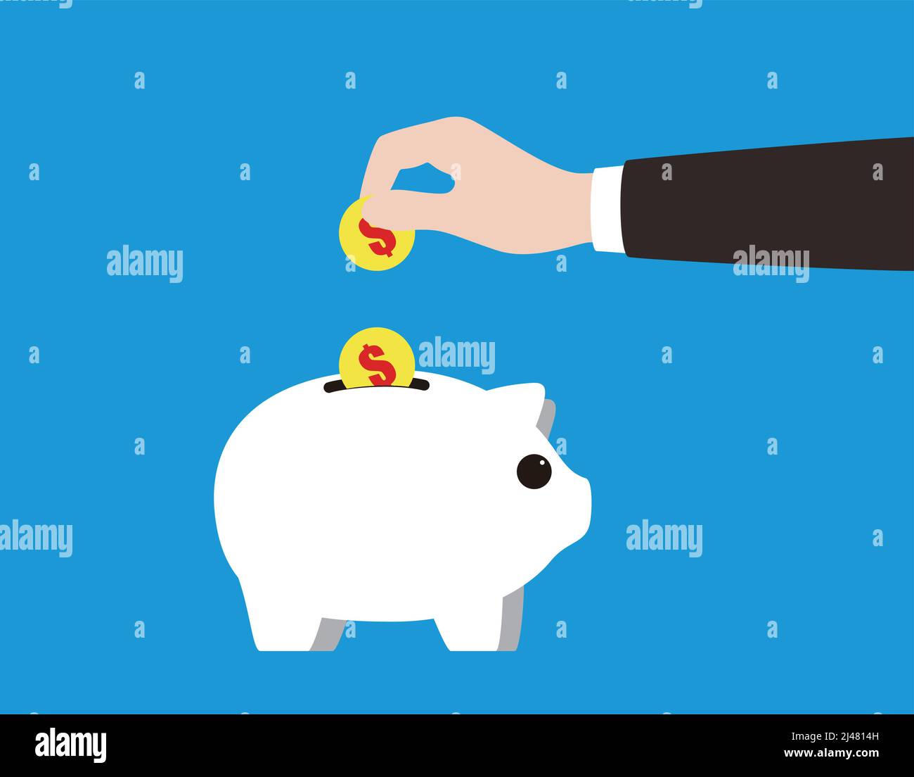 Businessman putting dollar coin into a piggy bank Stock Vector