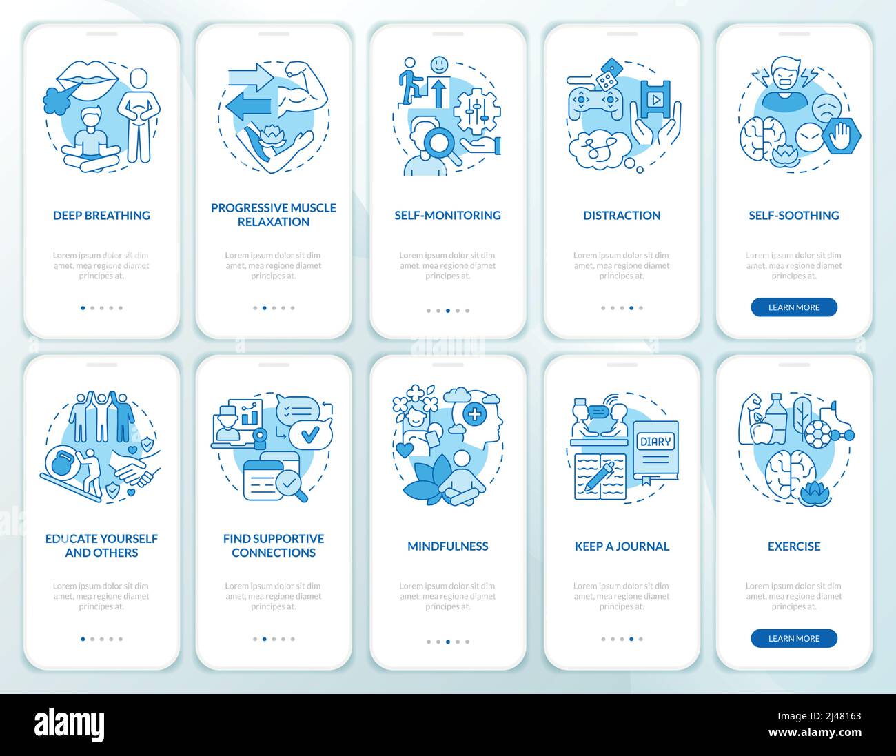 Coping with PTSD blue onboarding mobile app screen set Stock Vector