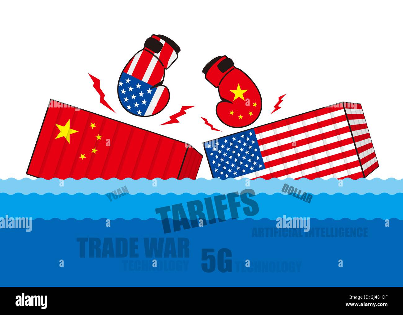 Trade war of China and United States,Boxing sinks the trade containers Stock Vector