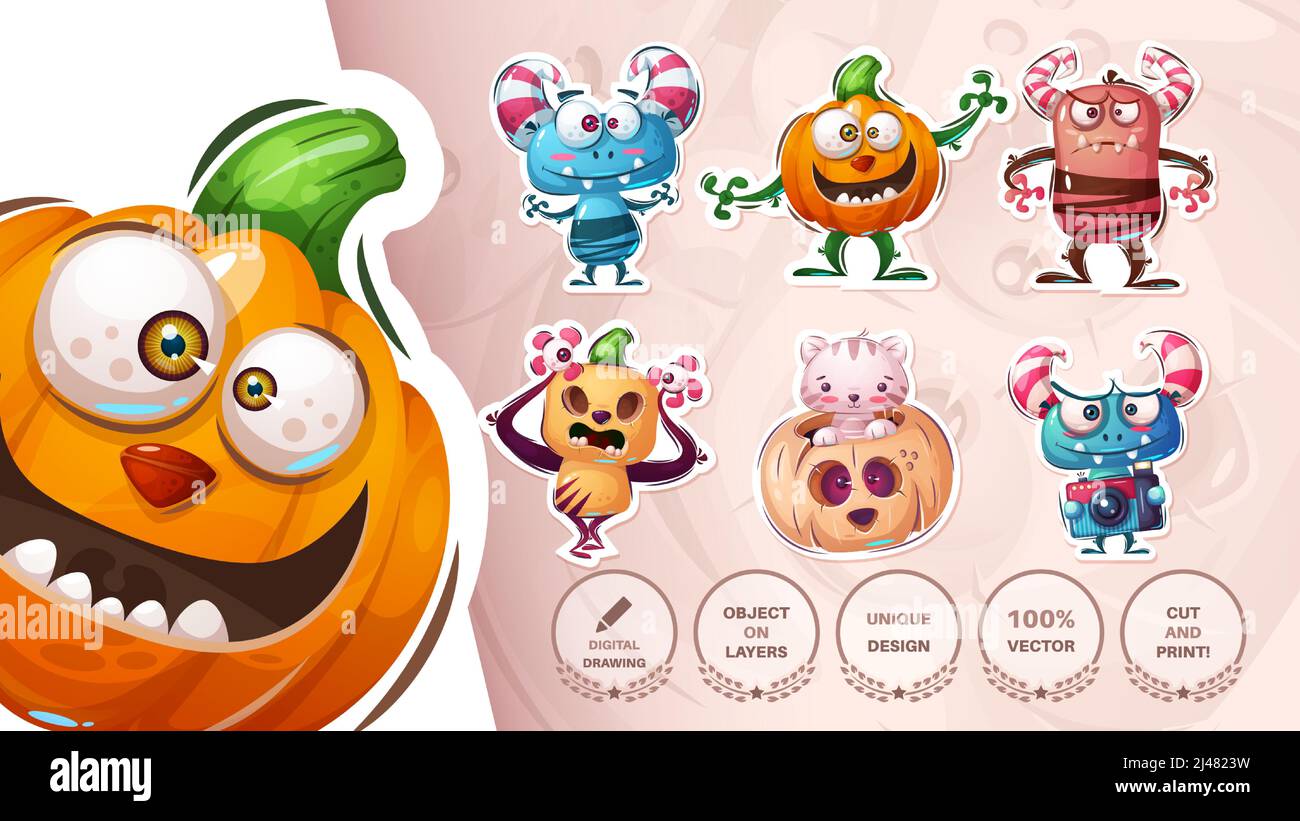 Set halloween sticker. Cartoon character. Stock Vector