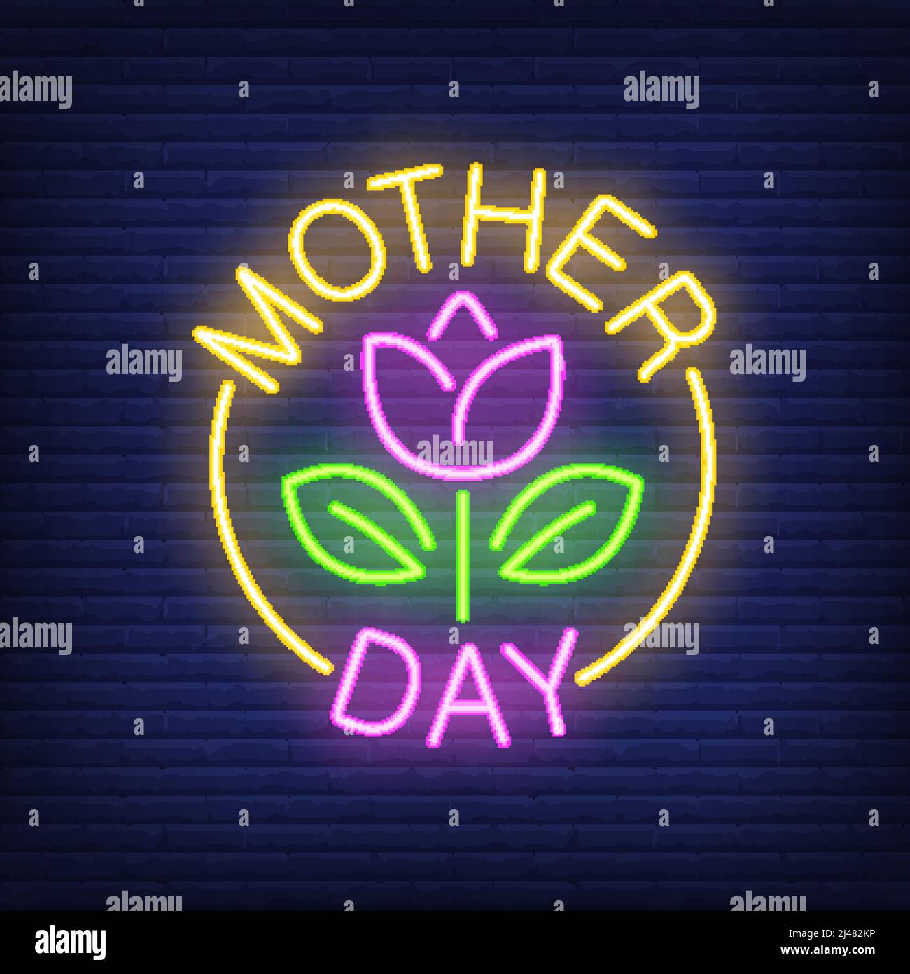 Mother day neon sign. Flower with leaves in bright yellow round. Night bright advertisement. Vector illustration in neon style for holiday and materni Stock Vector