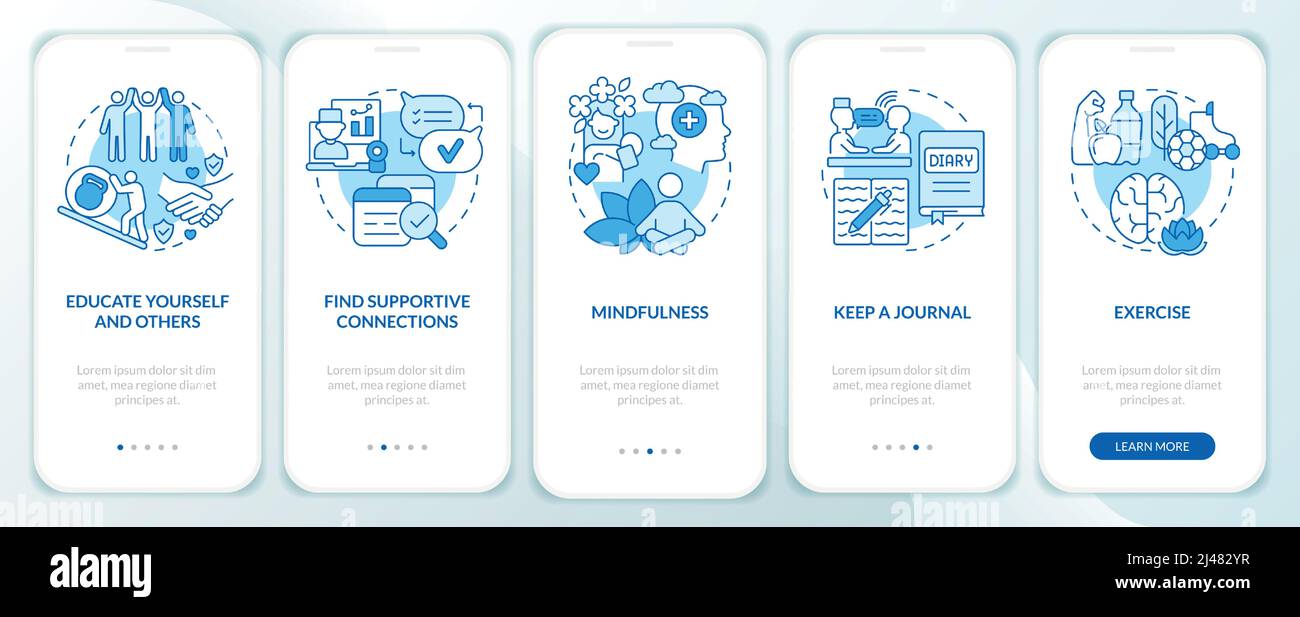 Coping with PTSD process blue onboarding mobile app screen Stock Vector