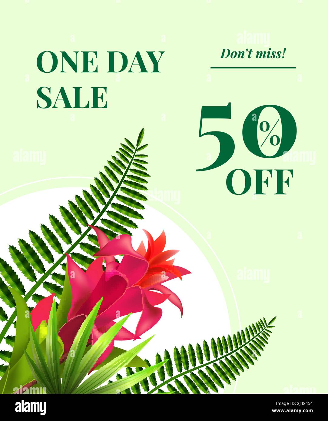 One day sale, fifty percent off, do not miss coupon design with red flower and leaves in round frame on green background. Typed text can be used for l Stock Vector