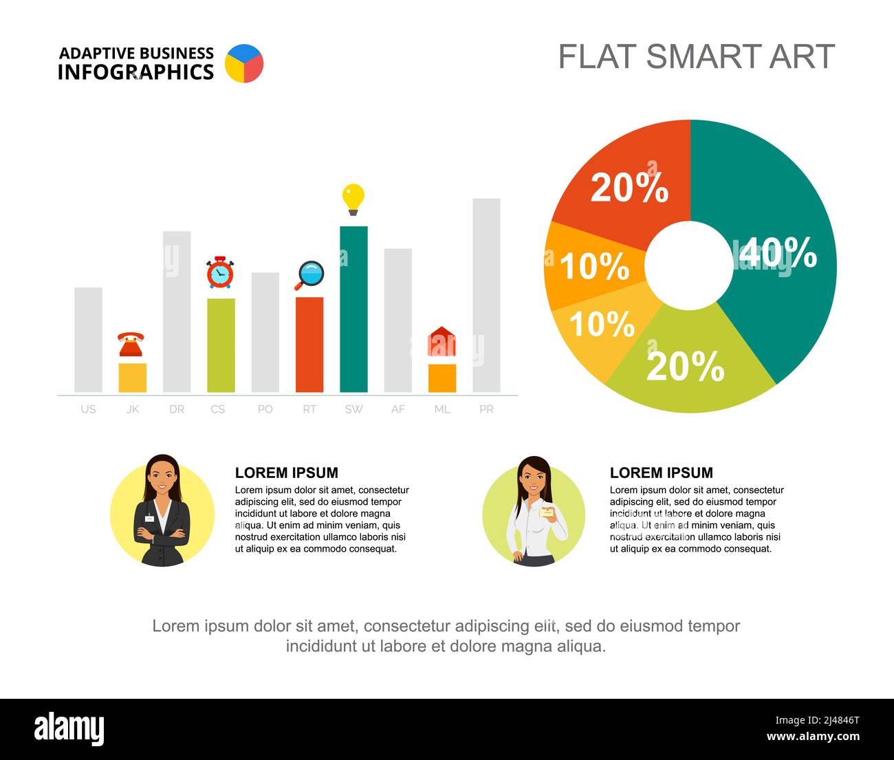 Business infographics with percentage chart, bar graph and character