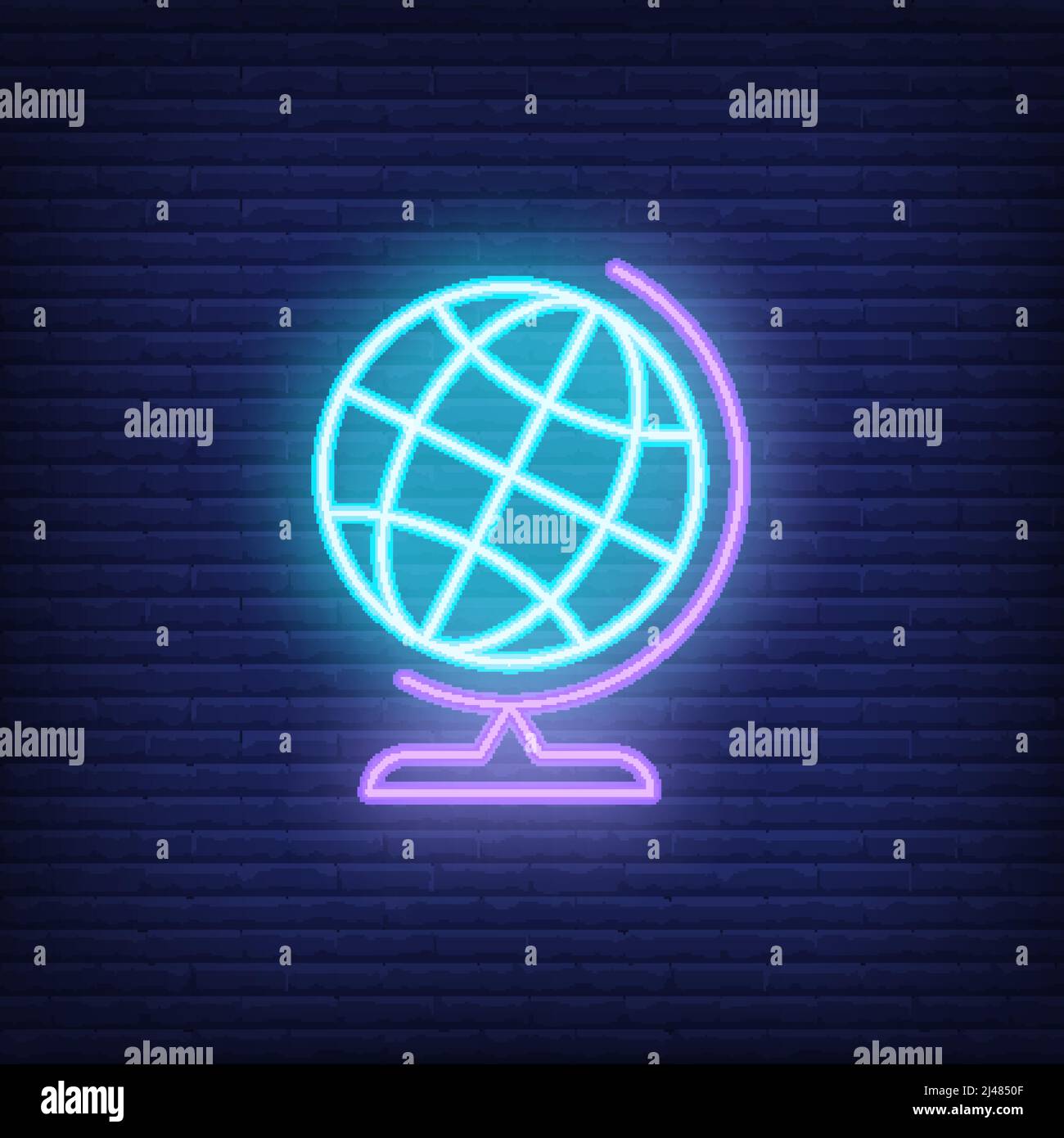 Globe neon sign. Blue globe on stand. Night bright advertisement. Vector illustration in neon style for geography and knowledge Stock Vector