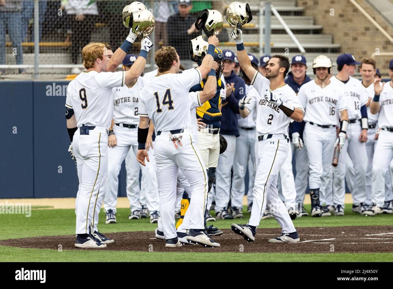 South Bend, Indiana, USA. 12th Apr, 2022. Notre Dame players celebrate ...