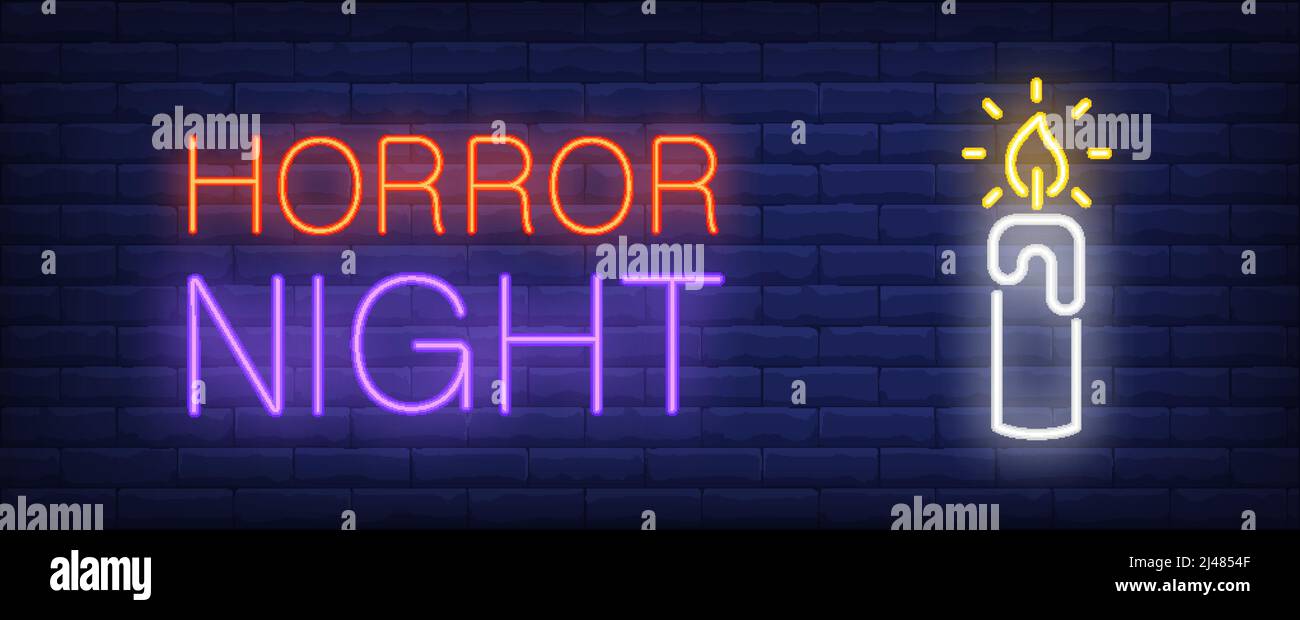 Horror night neon style banner. Candlelight on brick background. Halloween, party, horror movie poster. Can be used for advertising, street wall sign, Stock Vector