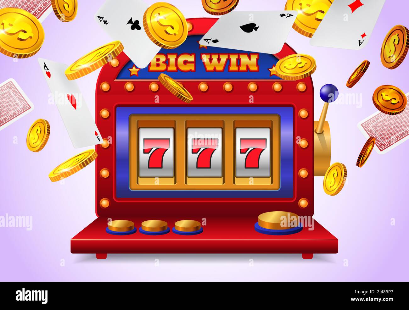 Slot machine with big win lettering, flying playing cards and golden coins on purple background. Casino business advertising design. For posters, bann Stock Vector