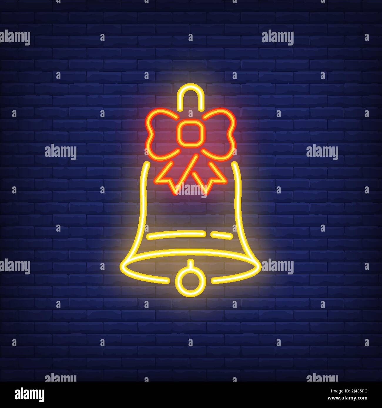 Neon Christmas bell with bow. Festive design element. Celebration