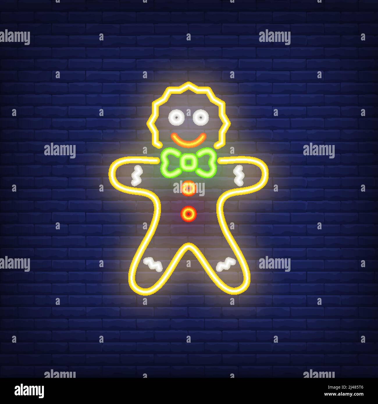Gingerbread man neon cartoon character. Night bright advertisement element. Neon festive design for New Year, Christmas, celebration, greeting cards Stock Vector