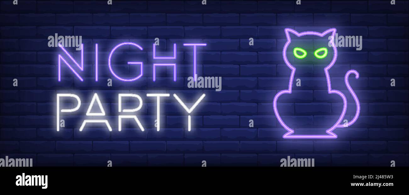 Night party neon style banner. Cat on brick background. Halloween, party, night event. Can be used for poster, street wall sign, web design Stock Vector