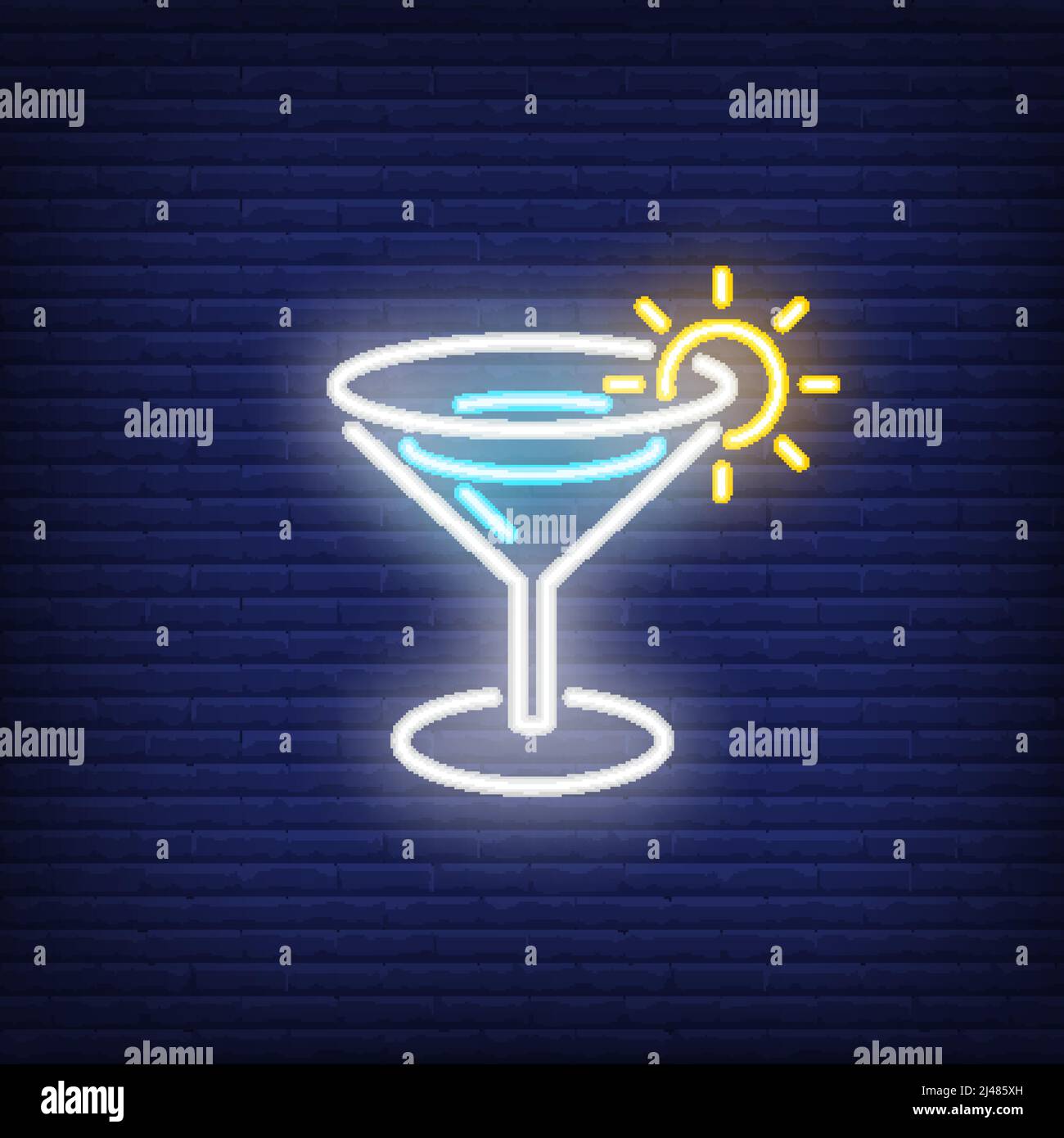 Summer beverage neon sign. Margarita cocktail with shining sun on edge