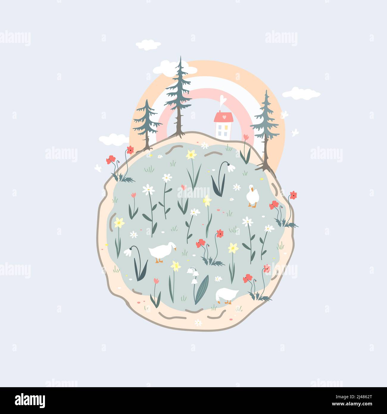 Cote round planet with spring flowers, trees and cosy house. Happy Earth day concept, clean and healthy world. Home of happiness and calmness. Flat Stock Vector