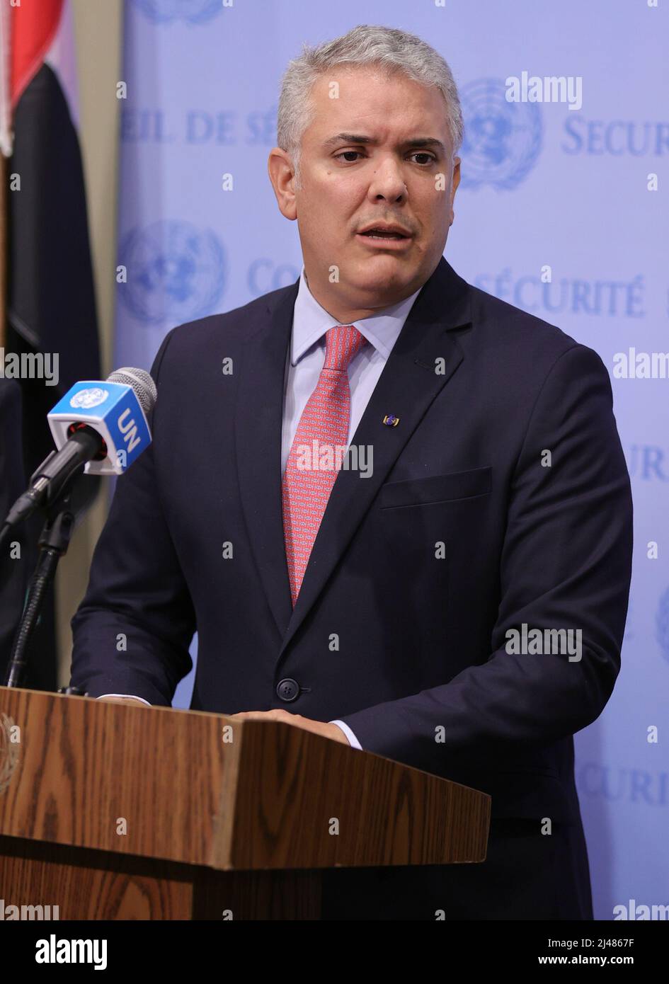 United Nations, New York, USA, April 12, 2022 - Ivan Duque Marquez, President of the Republic of Colombia, briefs reporters following the Security Council meeting on the situation in Colombia Today at the UN Headquarters in New York City. Photo: Luiz Rampelotto/EuropaNewswire PHOTO CREDIT MANDATORY. Stock Photo