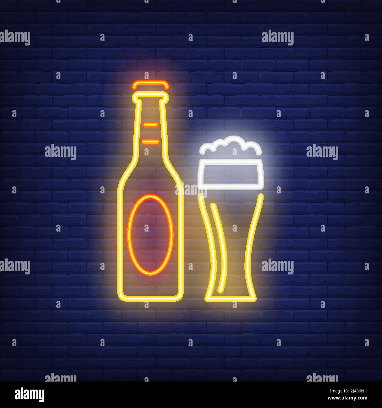 Beer bottle and glass on brick background. Neon style vector illustration. Bar, pub, alcoholic beverages store. Alcohol banner. For advertising, bever Stock Vector