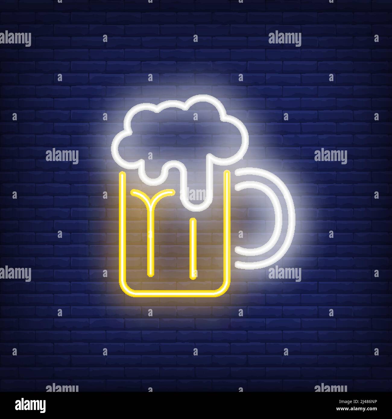 Beer mug with froth on brick background. Neon style illustration. Pub, bar, Oktoberfest. Alcohol banner. For holiday, beverage, nightlife concepts Stock Vector
