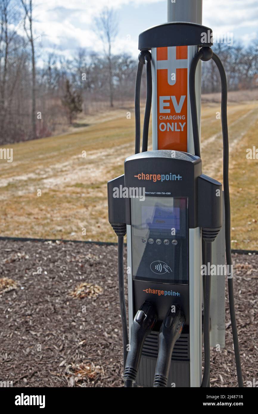 Charging station for electric cars located in the Polaris Inc parking lot. Medina Minnesota MN USA Stock Photo