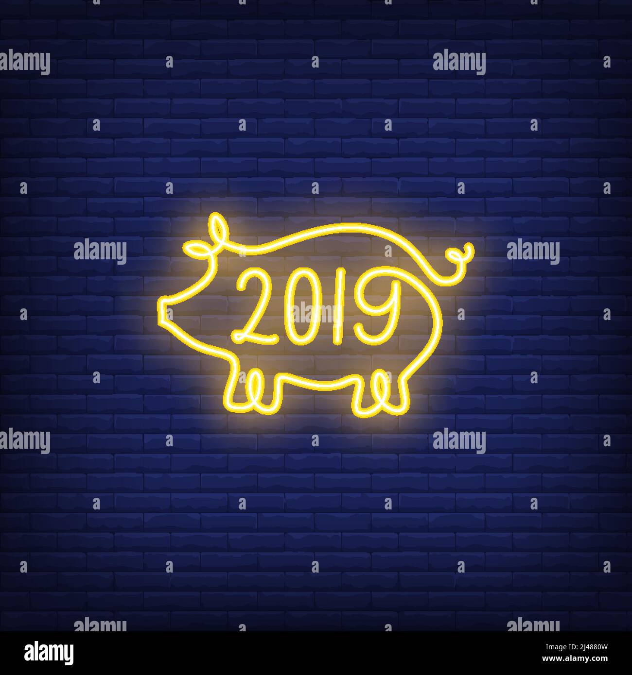 Twenty nineteen neon sign with yellow pig shape. Night bright advertisement. Vector illustration for new year, festive design, restaurant menu Stock Vector