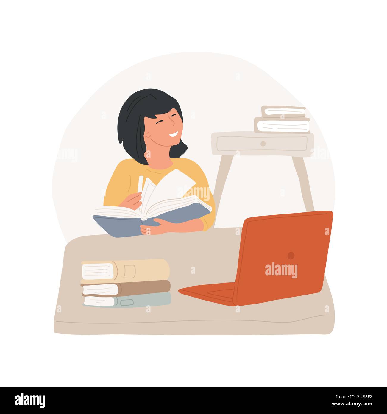 Reading virtual camp isolated cartoon vector illustration. Book marathon, reading virtual camp, online discussion, literature lesson, distance learning for kid, remote education vector cartoon. Stock Vector