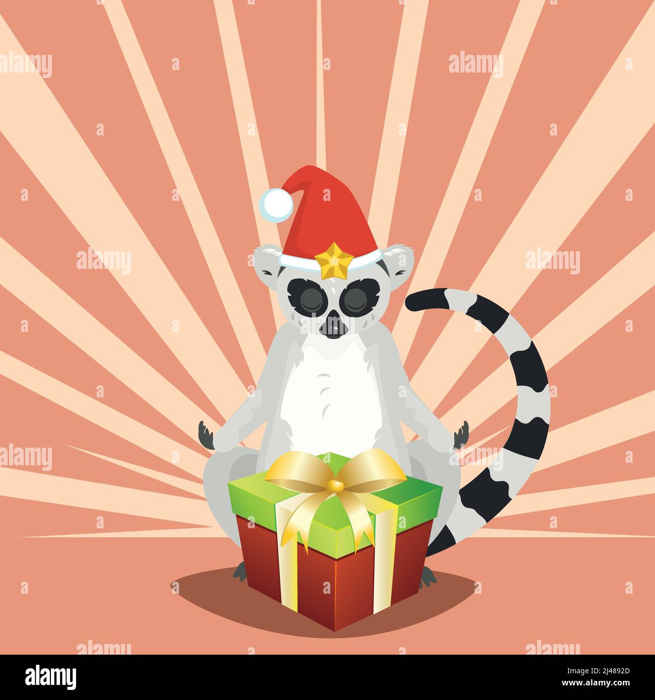 Cute cartoon gray lemur catta wears Santa hat greeting card illustration. Stock Vector