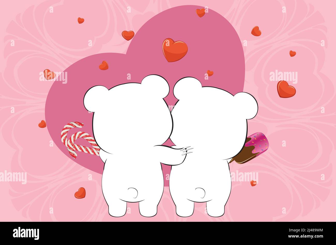 Cute cartoon white bear couple in love with hearts and sweets ...