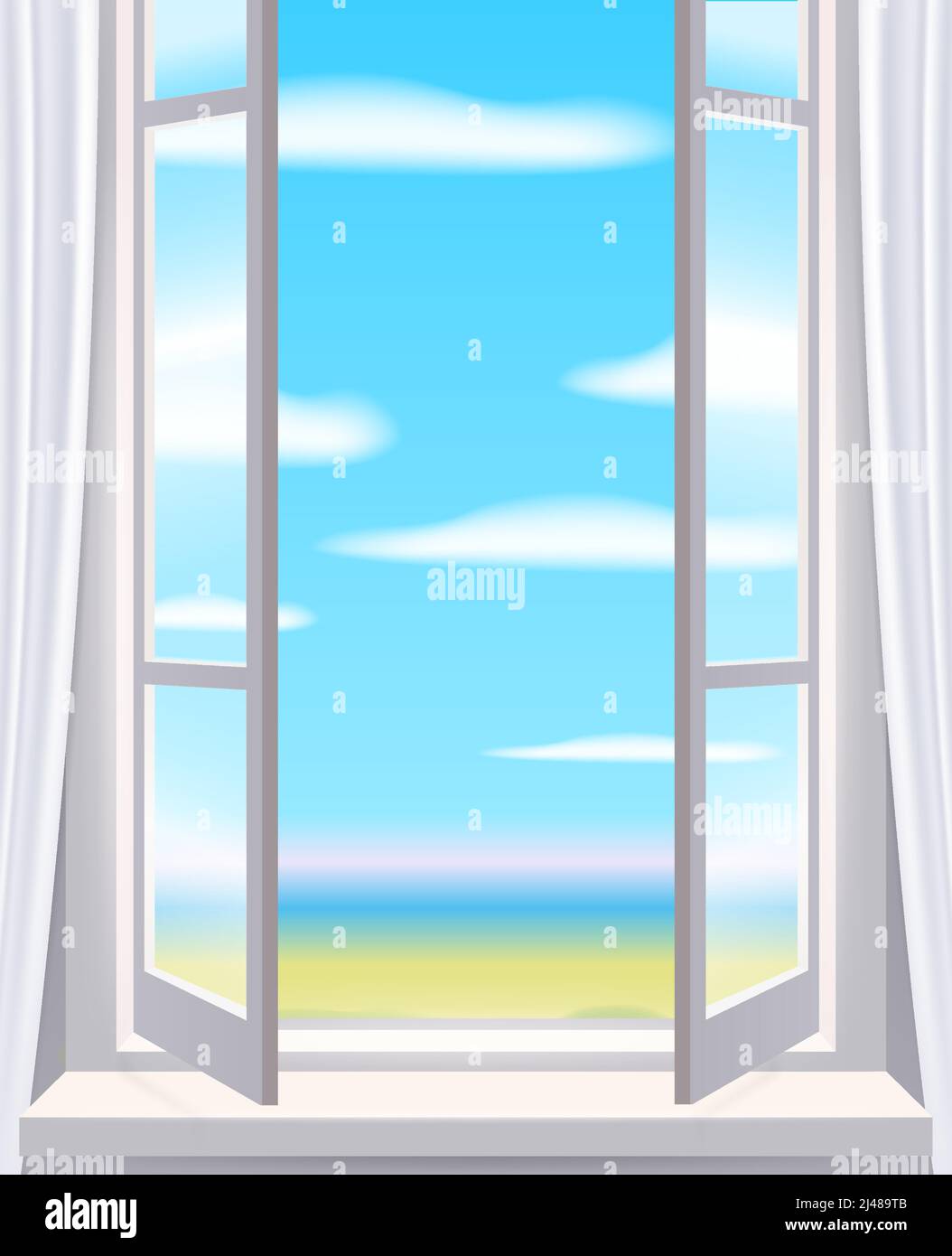 Opened window in interior, view on landscape, spring, curtains. Vector illustration template realistic Stock Vector