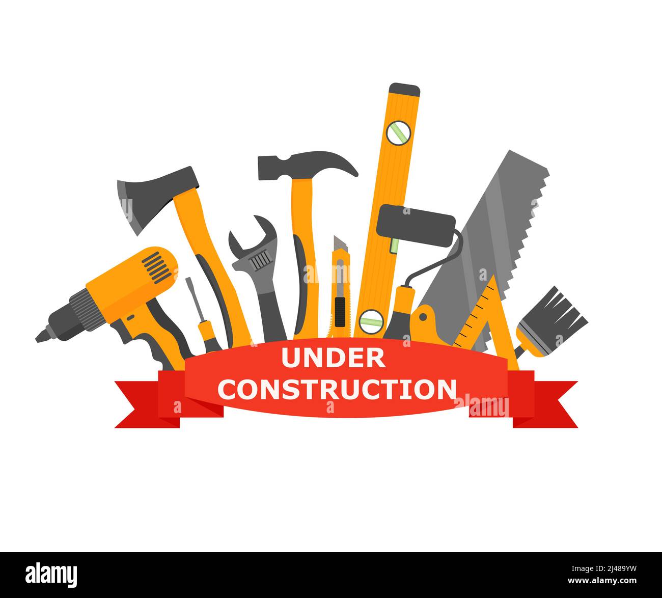 Construction and building equipment banner. saw ax level, painter brush hammer wrench