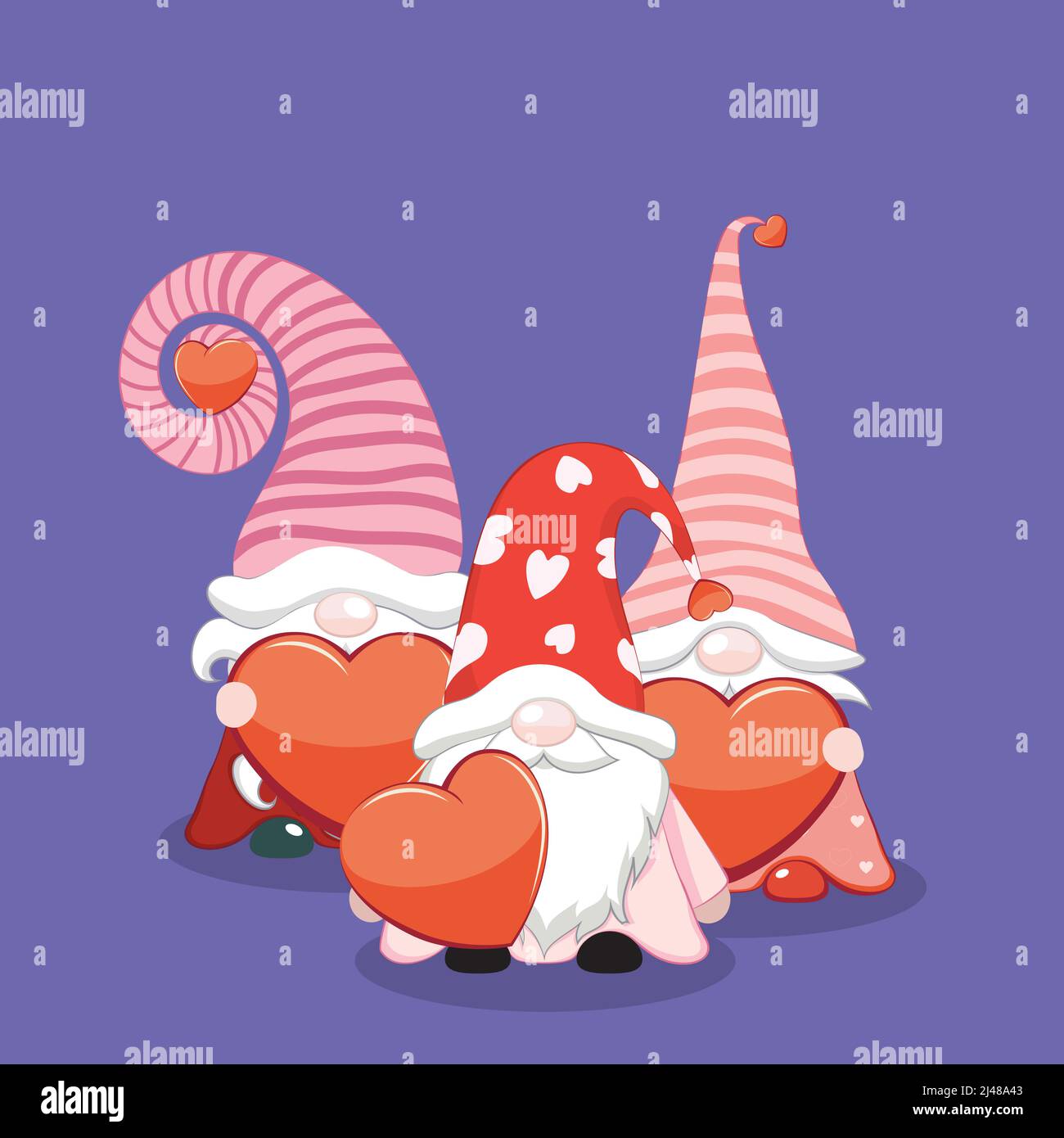 Cartoon three Valentine's day gnomes with red hearts illustration Stock ...