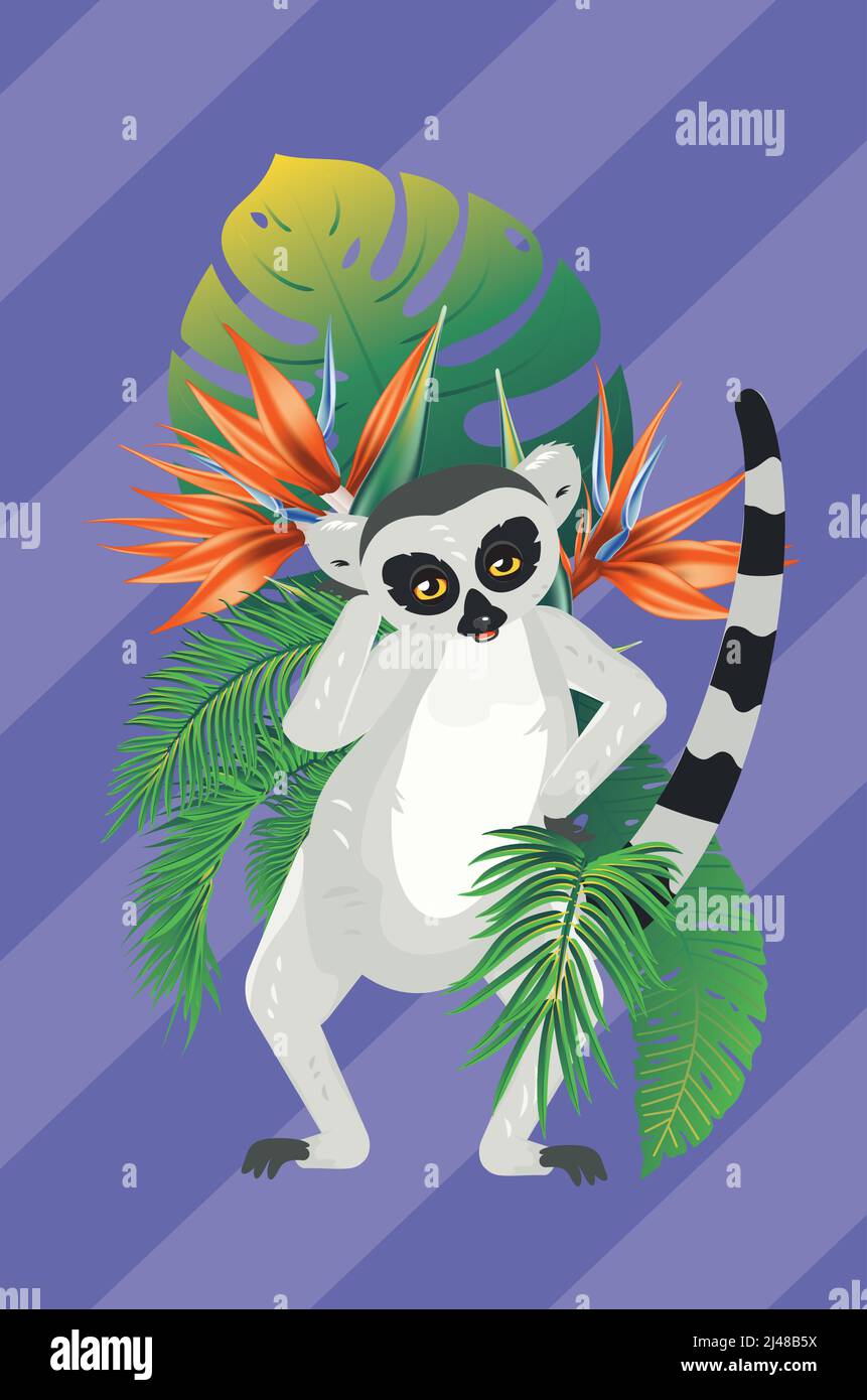 Cute cartoon gray lemur catta with tropical leaves and flowers. Stock Vector