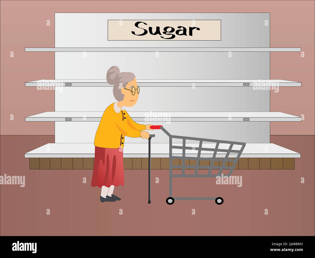 illustration of senior woman with walking cane and shopping cart near empty shelves with sugar lettering,stock image Stock Vector