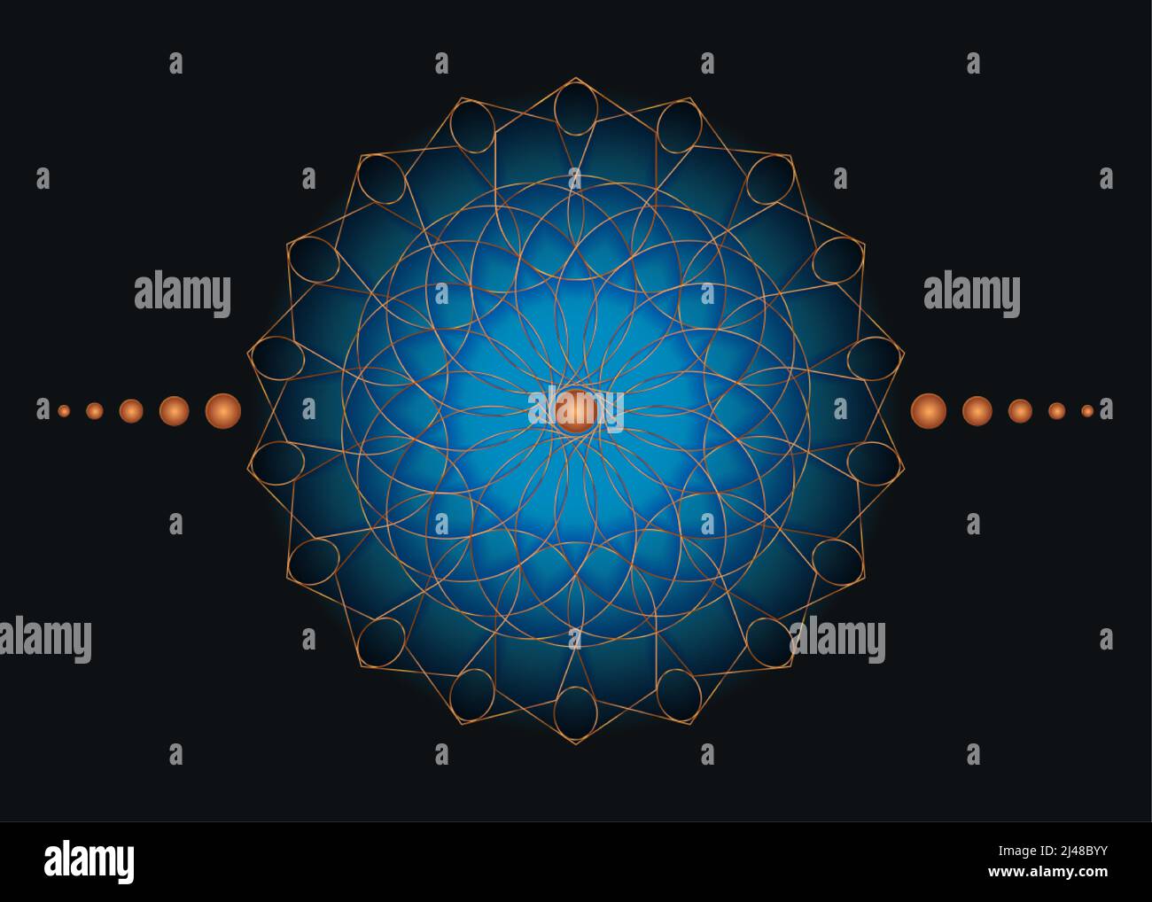 Sacred Geometry Mandala, blue flower gold meditative circle icon, geometric logo design, mystical religious wheel, Indian chakra concept, vector Stock Vector
