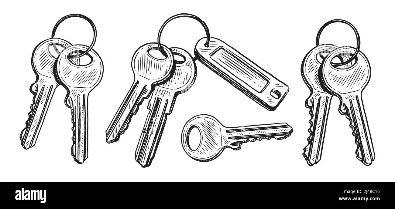 Bunch of keys drawn in sketch style. Renting or buying real estate concept. Vector illustration Stock Vector