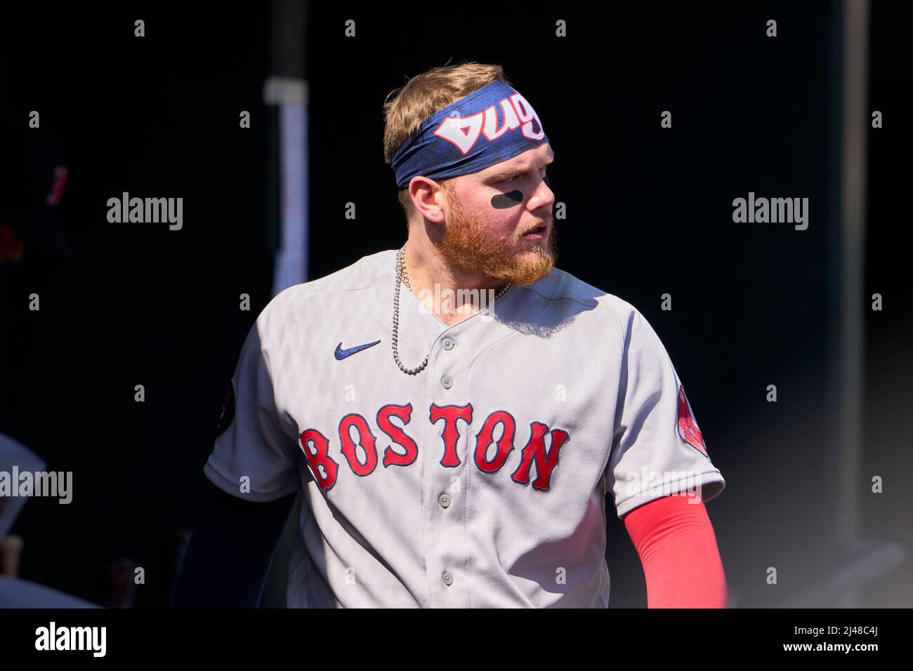 Detroit MI, USA. 12th Apr, 2022. Boston left fielder Alex Verdugo (99) watches the action during the game with Boston Red Sox and Detroit Tigers held at Comercia Park in Detroit Mi. David Seelig/Cal Sport Medi. Credit: csm/Alamy Live News Stock Photo