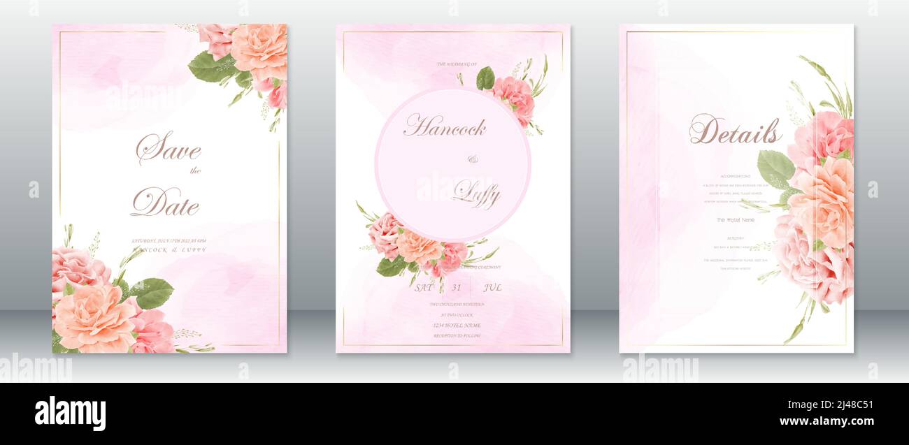 Wedding invitation card template elegant of pink watercolor background ...